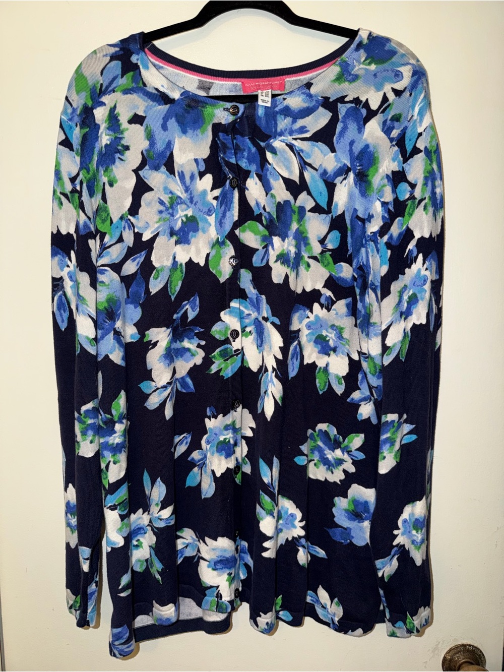 Isaac Mizrahi Special Edition Navy Floral Print Cardigan with Blue Flowers